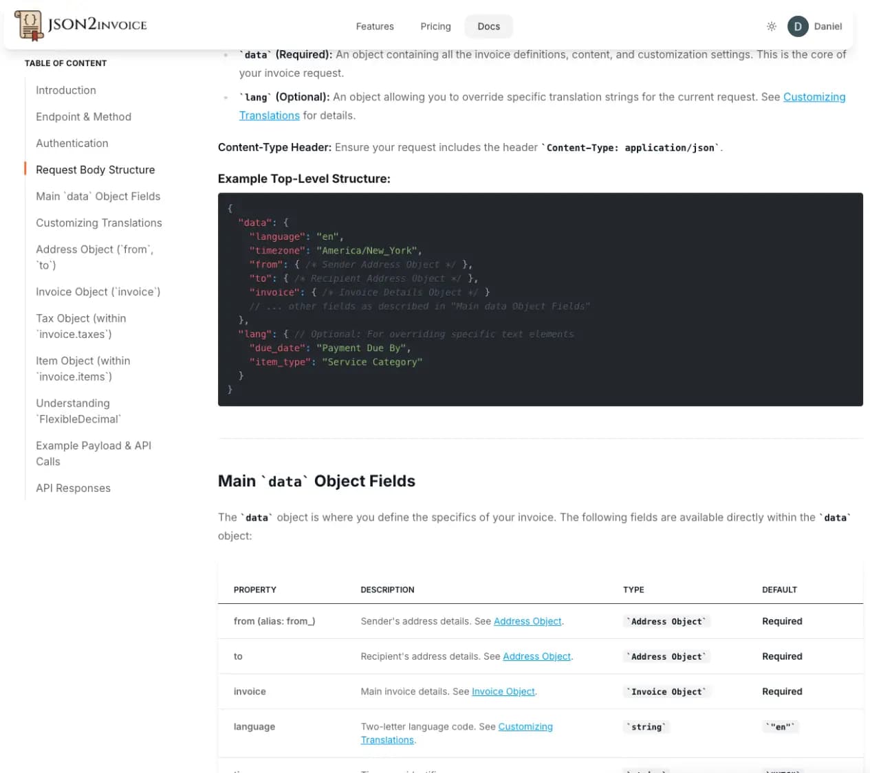 JSON2Invoice documentaion