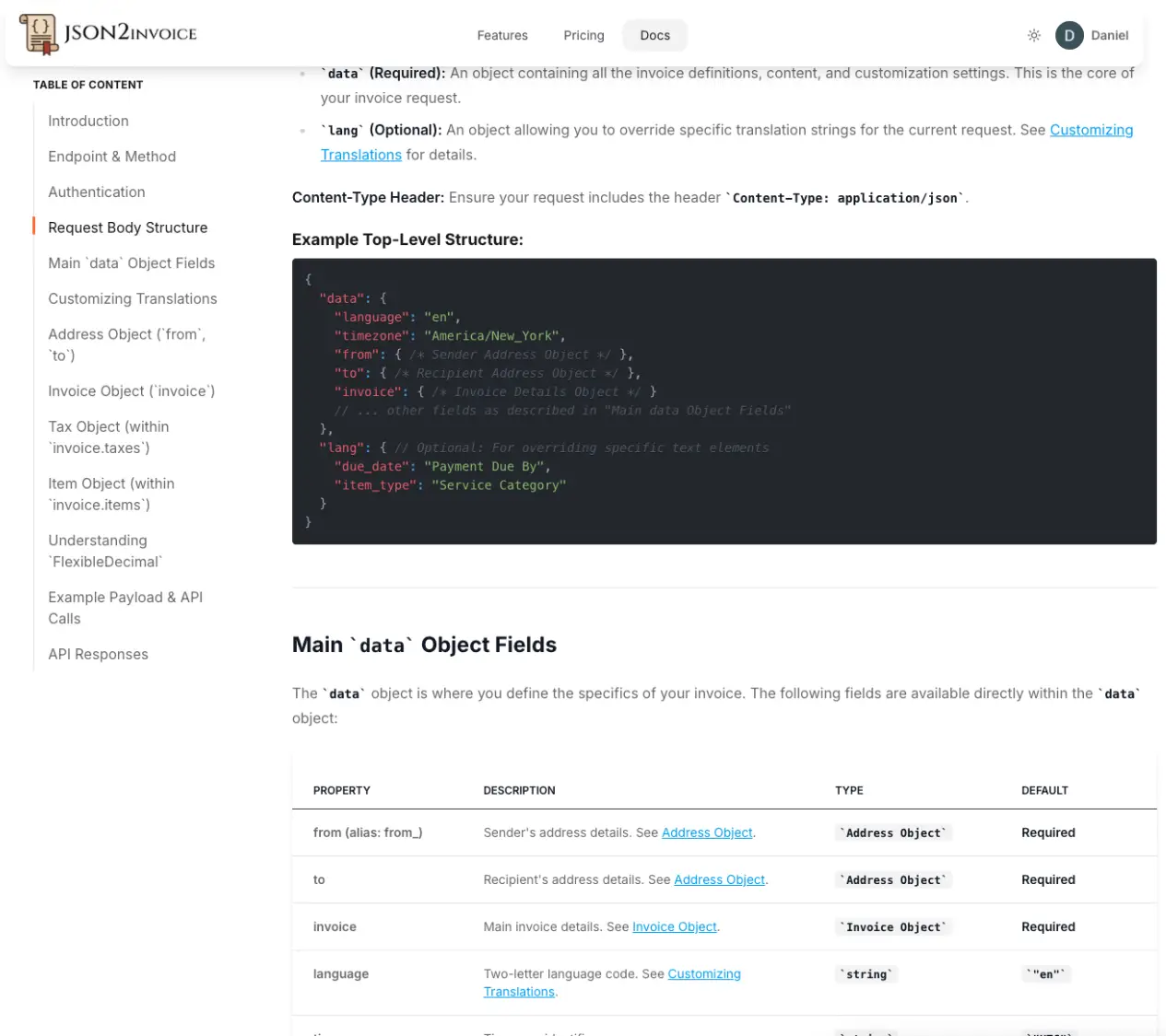 JSON2Invoice documentation
